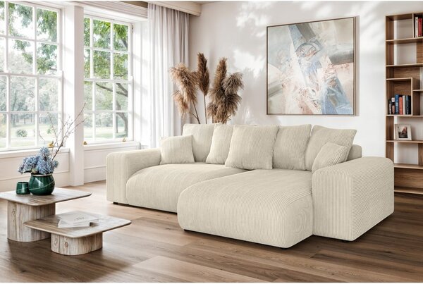 Divano angolare color crema allungabile/con contenitore (con composizione variabile) con rivestimento in velluto a coste Luma – Ropez