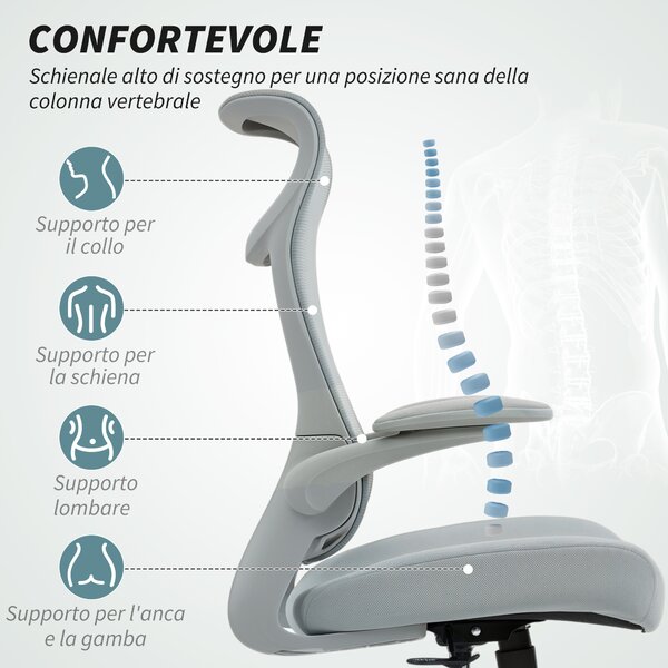HOMCOM Sedia da Ufficio Ergonomica con Braccioli Regolabili, Schienale a Rete e Poggiatesta, Grigio | Aosom Italy