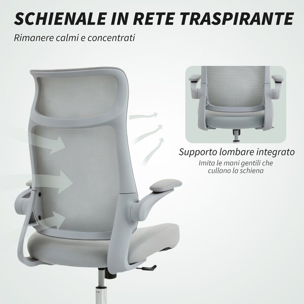 HOMCOM Sedia da Ufficio Ergonomica con Braccioli Regolabili, Schienale a Rete e Poggiatesta, Grigio | Aosom Italy