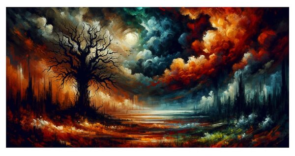 Quadro su tela – Paesaggio con albero della vita colorato
