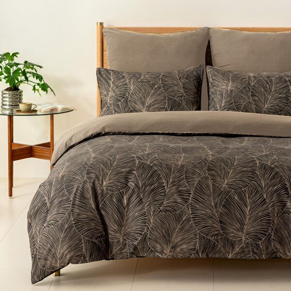 Set completo per copripiumino matrimoniale (220 x 240 cm) con 2 federe - Motivo: foglie tropicali - Colore: marrone scuro