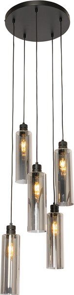QAZQA - Lampada a sospensione moderna I Lampada a sospensione nera con vetro fumé a 5 fiamme - Stavelot I Soggiorno I Camera da letto - Rotonda - LED adatto E27