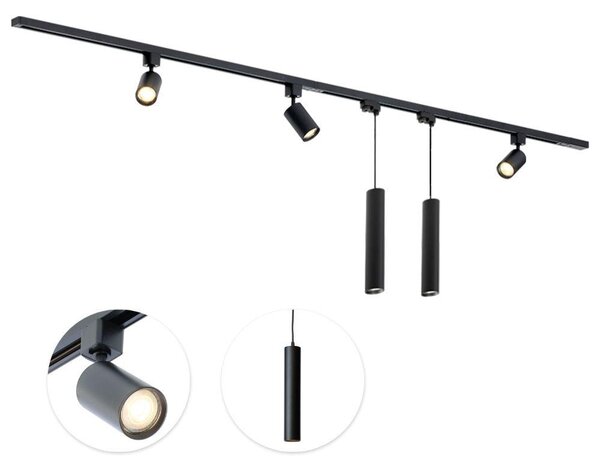 Qub Focus III - Set completo sistema binario LED - Nero - Monofase - 200 cm - 3 faretti e 2 lampade a sospensione - Forma a I