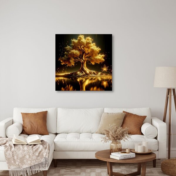 Quadro su tela – Albero della vita dorato al lago