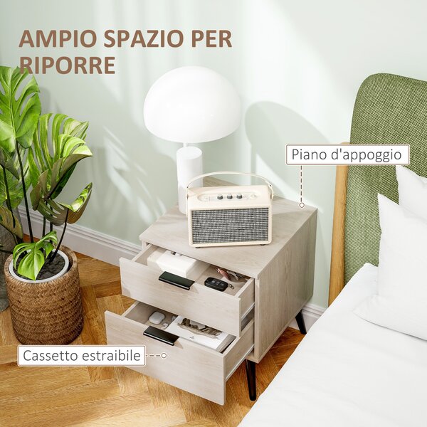 HOMCOM Set 2 Comodini Stile Nordico con Cassetto e Base Rialzata, in Legno, 40x40x50 cm, color Quercia | Aosom Italy