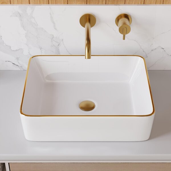 DeerValley Lavabo quadrato bianco con bordo dorato Lavabo da appoggio in Vetroceramica Bagno Lavabo per il bagno e il WC degli ospiti