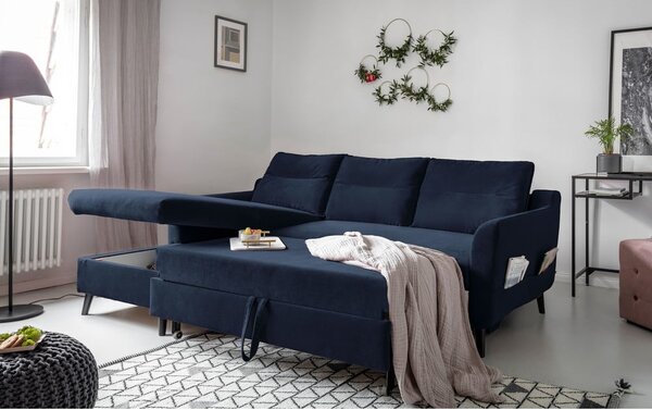 Divano letto angolare in velluto blu scuro, angolo sinistro Stylish Stan - Miuform
