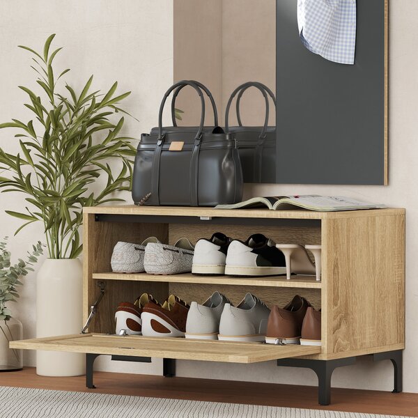 HOMCOM Set appendiabiti per ingresso, con panca scarpiera, specchio, 3 ganci, mensola aperta, Legno naturale e grigio | Aosom Italy
