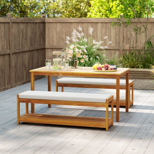 Outsunny Set da 3 pz. Mobili da giardino, con tavolo da pranzo con foro per ombrellone e 2 panche 150 x 85 x 75 cm Legno | Aosom Italy