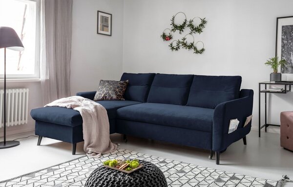 Divano letto angolare in velluto blu scuro, angolo sinistro Stylish Stan - Miuform