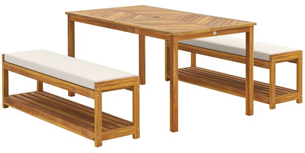 Outsunny Set da 3 pz. Mobili da giardino, con tavolo da pranzo con foro per ombrellone e 2 panche 150 x 85 x 75 cm Legno | Aosom Italy