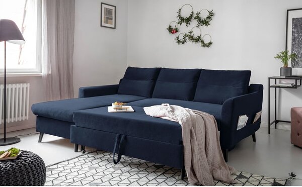 Divano letto angolare in velluto blu scuro, angolo sinistro Stylish Stan - Miuform