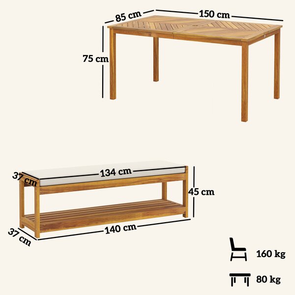 Outsunny Set da 3 pz. Mobili da giardino, con tavolo da pranzo con foro per ombrellone e 2 panche 150 x 85 x 75 cm Legno | Aosom Italy