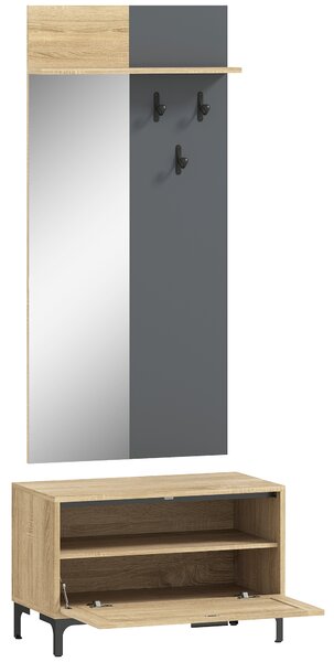 HOMCOM Set appendiabiti per ingresso, con panca scarpiera, specchio, 3 ganci, mensola aperta, Legno naturale e grigio | Aosom Italy