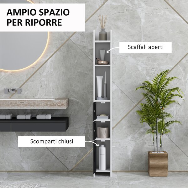 Kleankin Colonna Bagno con 3 Mensole e 3 Armadietti, in Legno, 15x17x120 cm, Bianco e Nero | Aosom Italy