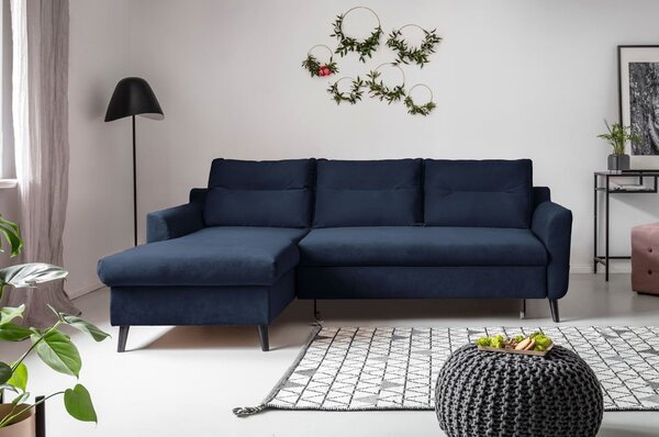 Divano letto angolare in velluto blu scuro, angolo sinistro Stylish Stan - Miuform