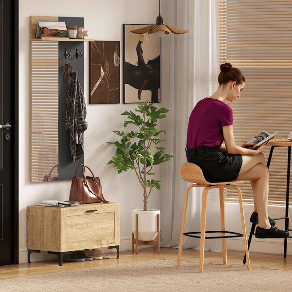 HOMCOM Set appendiabiti per ingresso, con panca scarpiera, specchio, 3 ganci, mensola aperta, Legno naturale e grigio | Aosom Italy