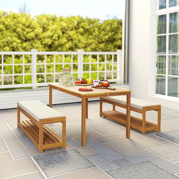 Outsunny Set da 3 pz. Mobili da giardino, con tavolo da pranzo con foro per ombrellone e 2 panche 150 x 85 x 75 cm Legno | Aosom Italy