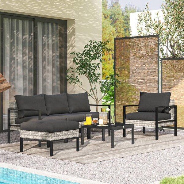 Outsunny Set lounge da giardino per 5 persone, lounge per balcone in rattan, con poltrone, sgabello e tavolino, Grigio chiaro | Aosom Italy