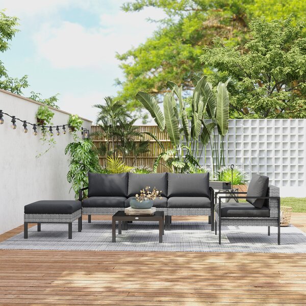 Outsunny Set lounge da giardino per 5 persone, lounge per balcone in rattan, con poltrone, sgabello e tavolino, Grigio chiaro | Aosom Italy