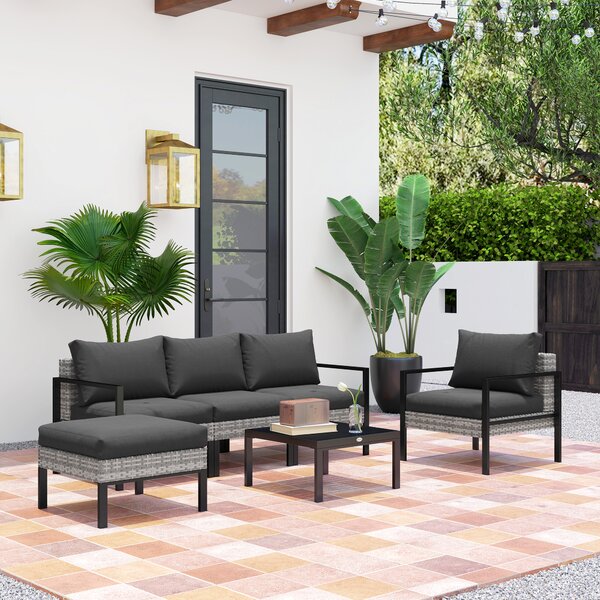 Outsunny Set lounge da giardino per 5 persone, lounge per balcone in rattan, con poltrone, sgabello e tavolino, Grigio chiaro | Aosom Italy