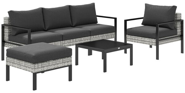 Outsunny Set lounge da giardino per 5 persone, lounge per balcone in rattan, con poltrone, sgabello e tavolino, Grigio chiaro | Aosom Italy