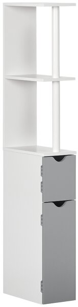 Kleankin Colonna Bagno con 2 Ripiani e 2 Armadietti, in Legno, 15.2x29.8x118 cm, Bianco e Grigio | Aosom Italy
