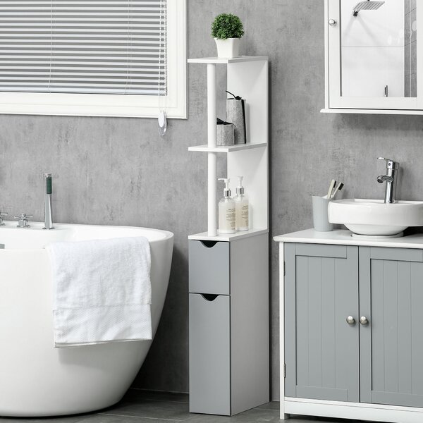 Kleankin Colonna Bagno con 2 Ripiani e 2 Armadietti, in Legno, 15.2x29.8x118 cm, Bianco e Grigio | Aosom Italy