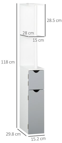 Kleankin Colonna Bagno con 2 Ripiani e 2 Armadietti, in Legno, 15.2x29.8x118 cm, Bianco e Grigio | Aosom Italy