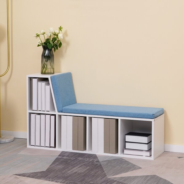 HOMCOM Libreria banco 2 in 1 con 5 compartimenti di archiviazione e 2 cuscini 108 x 30 x 60 cm bianco e blu | Aosom Italy