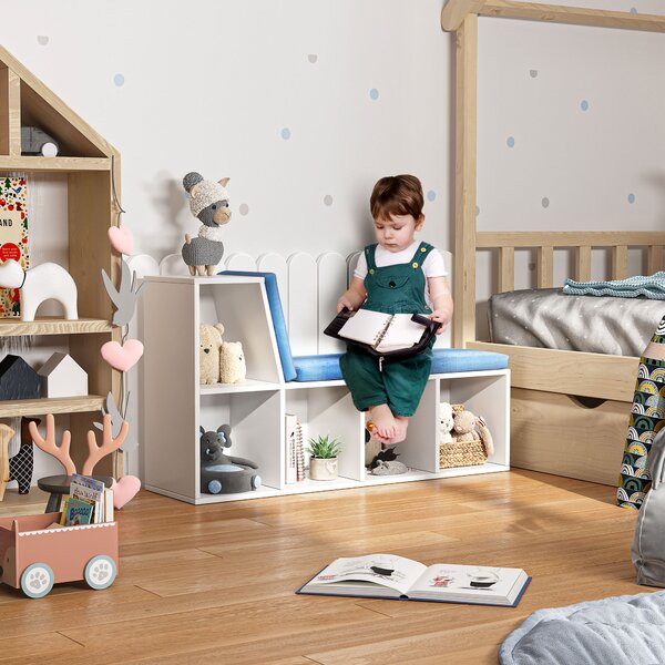 HOMCOM Libreria banco 2 in 1 con 5 compartimenti di archiviazione e 2 cuscini 108 x 30 x 60 cm bianco e blu | Aosom Italy