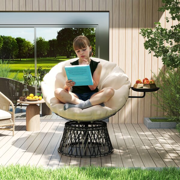 Outsunny Poltrona Papasan in rattan, girevole 360°, con cuscino, Diametro 90 cm, Beige | Aosom Italy