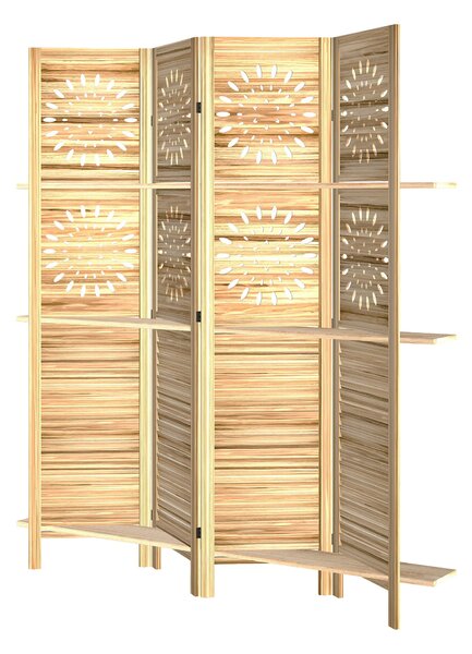 HOMCOM Paravento interno, 4 pannelli e 3 mensole, pieghevole, in legno, 160 x 170 cm, Legno naturale | Aosom Italy