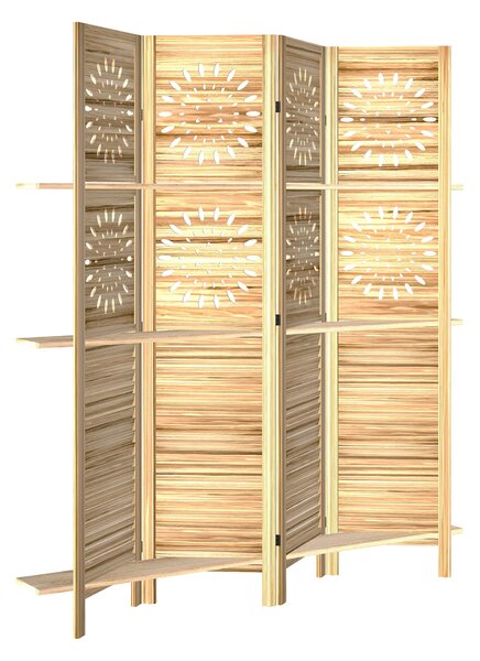 HOMCOM Paravento interno, 4 pannelli e 3 mensole, pieghevole, in legno, 160 x 170 cm, Legno naturale | Aosom Italy