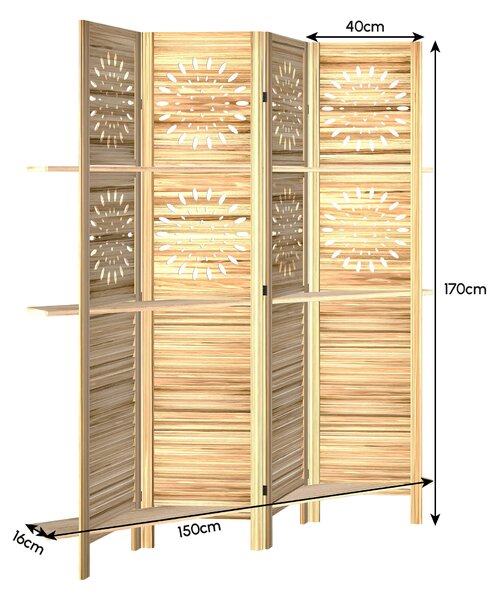 HOMCOM Paravento interno, 4 pannelli e 3 mensole, pieghevole, in legno, 160 x 170 cm, Legno naturale | Aosom Italy