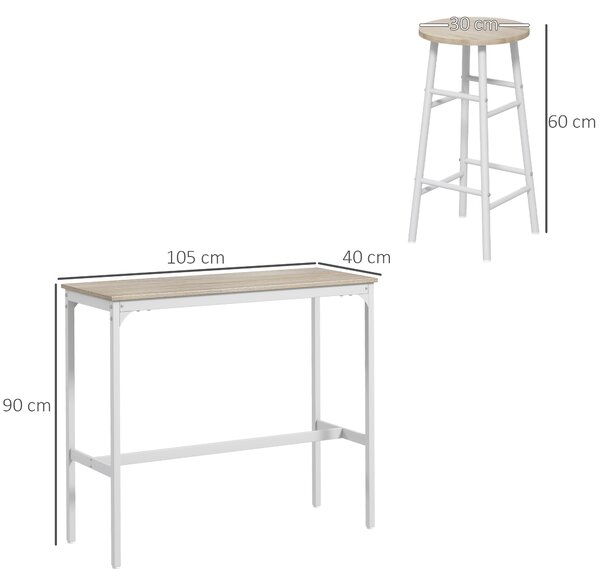 HOMCOM Set da Bar 3 Pezzi con Tavolino Alto e Sgabelli da Bar con Poggiapiedi, Set Tavolo Alto con Sgabelli, per Cucina e Salotto, Design Industriale, in Legno e Acciaio, Bianco e Rovere | Aosom Italy