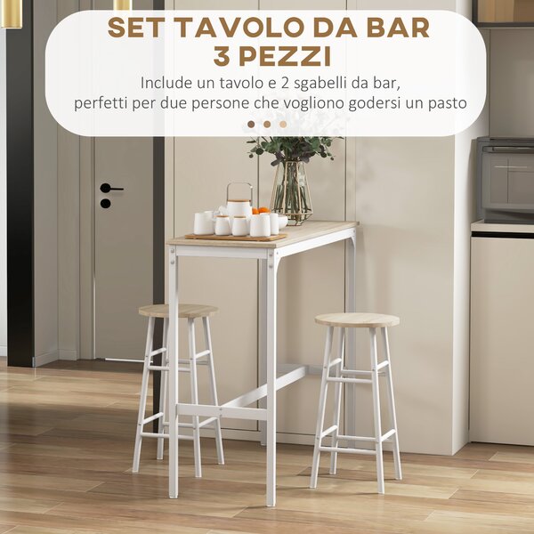 HOMCOM Set da Bar 3 Pezzi con Tavolino Alto e Sgabelli da Bar con Poggiapiedi, Set Tavolo Alto con Sgabelli, per Cucina e Salotto, Design Industriale, in Legno e Acciaio, Bianco e Rovere | Aosom Italy