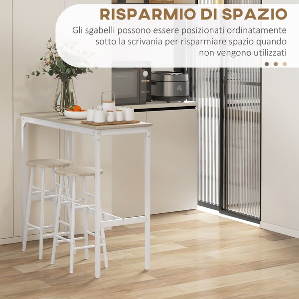 HOMCOM Set da Bar 3 Pezzi con Tavolino Alto e Sgabelli da Bar con Poggiapiedi, Set Tavolo Alto con Sgabelli, per Cucina e Salotto, Design Industriale, in Legno e Acciaio, Bianco e Rovere | Aosom Italy