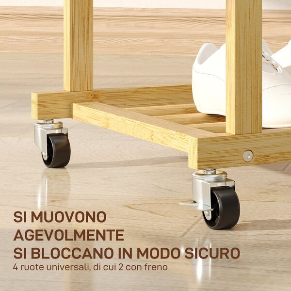 HOMCOM Stender Appendiabiti con 2 Barre, Ripiano Inferiore e 4 Ruote in Bambù, 80x40x160 cm, Legno Naturale | Aosom Italy