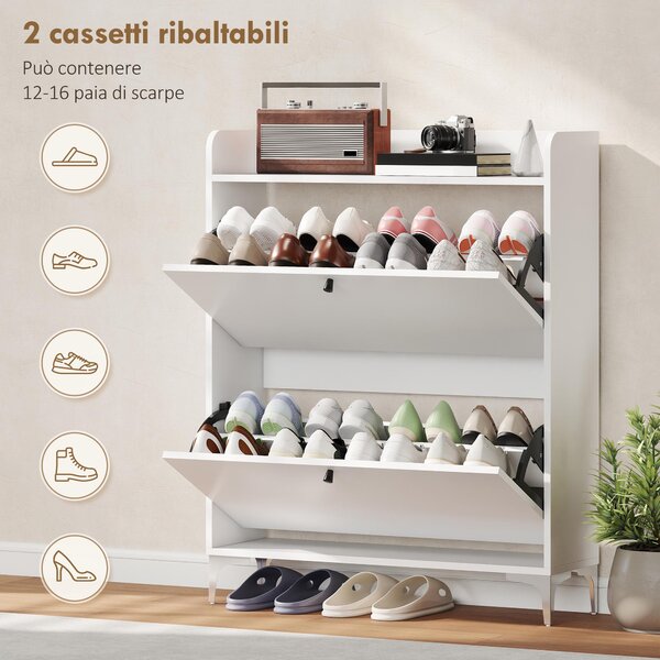 HOMCOM Mobile Scarpiera Slim con 2 Cassetti a Ribalta e Ripiani Regolabili, in Legno e Metallo, 80x24x101 cm, Bianco | Aosom Italy
