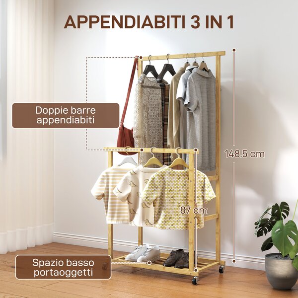 HOMCOM Stender Appendiabiti con 2 Barre, Ripiano Inferiore e 4 Ruote in Bambù, 80x40x160 cm, Legno Naturale | Aosom Italy