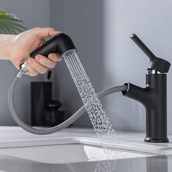 Rubinetto per lavabo nero con 2 getti e aeratore estraibile