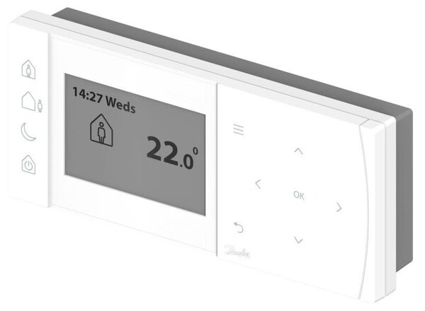 Termostato ambiente Danfoss, modello TPOne-B, programmabile, con programmazione settimanale (7 giorni), alimentazione a batteria 2xAA, con funzione On/Off, display, colore bianco, confezione da 1 pezzo