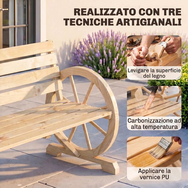 Outsunny Panchina da Giardino da 2 Posti con Braccioli a Ruota, Panchina da Esterno a Doghe in Legno di Abete, Stile Country, Panca per Terrazza Patio e Cortile, 105.5x56x79 cm, Color Legno | Aosom Italy