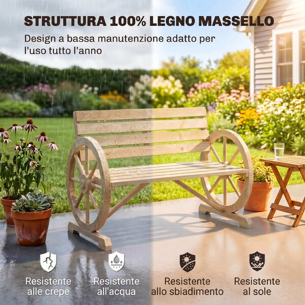 Outsunny Panchina da Giardino da 2 Posti con Braccioli a Ruota, Panchina da Esterno a Doghe in Legno di Abete, Stile Country, Panca per Terrazza Patio e Cortile, 105.5x56x79 cm, Color Legno | Aosom Italy