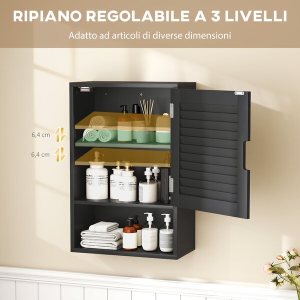 HOMCOM Armadietto Bagno a Parete con Ripiano Regolabile e Anta Ammortizzata, 40x20x60 cm, Nero | Aosom Italy
