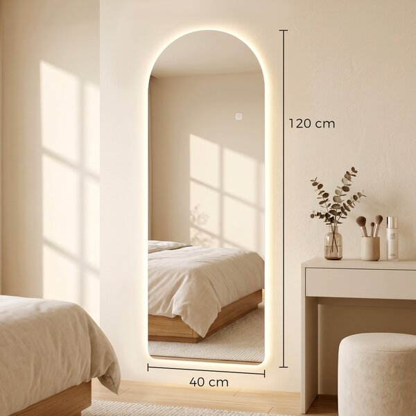HOMCOM Specchio da Parete ad Arco con Illuminazione LED Regolabile e Controllo Touch, in Vetro Temperato, 40x3x120 cm