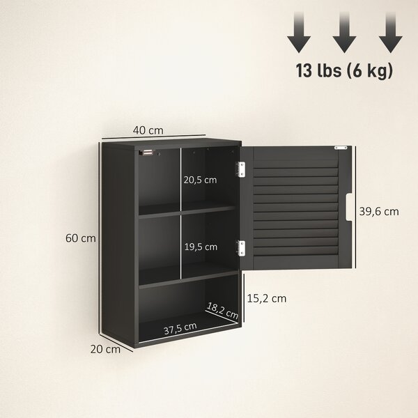 HOMCOM Armadietto Bagno a Parete con Ripiano Regolabile e Anta Ammortizzata, 40x20x60 cm, Nero | Aosom Italy