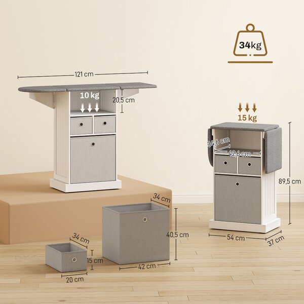 HOMCOM Mobile Asse da Stiro Pieghevole a Rotelle con Ripiano Aperto e 3 Cassetti, 121x37x89.5 cm, Bianco e Grigio | Aosom Italy
