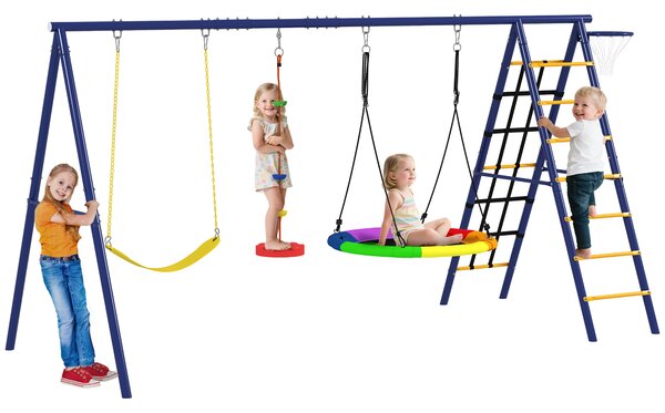 AIYAPLAY Gioco per Bambini 3-8 Anni con 3 Altalene, Scala a Corda e Canestro Basket, in Acciaio, PE e PP, 3.5x1.8x2 m